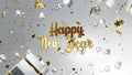 New year and Christmas 2021. Mobile gold inscription HAPPY NEW YEAR on white background with gift boxes, golden stars, christmas b