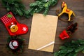 New Year or Christmas mockup. Template for letter to Santa, list of plans and goals for New Year, wishlist near fir