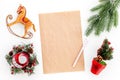 New Year or Christmas mockup. Template for letter to Santa, list of plans and goals for New Year, wishlist near fir