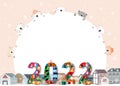 New Year 2022,Christmas on orange background with copy space for text or messages with winter decorations cute polar bear cartoon Royalty Free Stock Photo