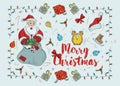 New year Christmas outline color illustration for decoration design Santa Claus stands with open gift bag style Doodle gifts Royalty Free Stock Photo