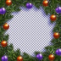 New Year. Christmas. Postcard with a picture. Green branches of fir trees in a circle with balls and shadow on a