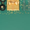 New Year Christmas presents, Christmas balls, champagne glasses, gold confetti stars on green background top view. Flat Royalty Free Stock Photo