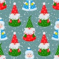 New Year, Christmas seamless pattern with paper doll Santa Claus and Snow Maiden on a blue background with snowflakes