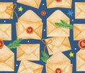 New year christmas seamless pattern with paper envelopes, wax seals, spruce branches