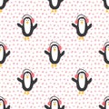 New Year and Christmas seamless pattern with penguins, hand drawn doodles Seamless Pattern. Background Vector Illustration Royalty Free Stock Photo