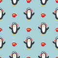 New Year and Christmas seamless pattern with penguins, hand drawn doodles Seamless Pattern. Background Vector Illustration Royalty Free Stock Photo