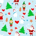 New Year and Christmas seamless pattern. Santa Claus, Mrs. Santa, elves, snowmen, Christmas trees, mittens and gingerbread cookies Royalty Free Stock Photo