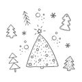 New Year and Christmas set with simple minimalist xmas trees in doodle style. Isolated on white background. Winter elements for Royalty Free Stock Photo