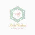 New Year and Christmas Sketch Hexagon Pine Wreath, Sign, Logo, Banner or Card Template with Hand Drawn Angel. Abstract