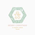 New Year and Christmas Sketch Hexagon Pine Wreath, Sign, Logo, Banner or Card Template with Hand Drawn Gingerbread