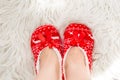 New year, Christmas slippers on white soft fur. Funny, funny, cozy Royalty Free Stock Photo