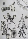 new year christmas snowman gift congratulation holiday tree gifts garland light bulbs light handmade illustration