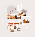 New year and Christmas snowy winter landscape with coniferous forest, pines, cottages, train and cable car. Flat vector