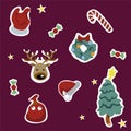 New year. Christmas stickers large set. Vintage Christmas and new year elements on a maroon background . set of Royalty Free Stock Photo