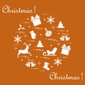 New Year and Christmas symbols arranged in a circle. Winter elements. Design for postcard, banner and print