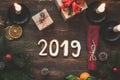 New Year or Christmas table setting with 2019 letters Royalty Free Stock Photo