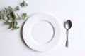 New Year or Christmas table setting with plate, spoon and eucalypt . Party decoration. Flat lay, top view.