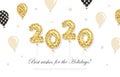2020 New year and Christmas template with gold glitter balloons. For banners, posters and greeting cards. Vector Royalty Free Stock Photo