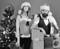 New Year and Christmas time. Man with beard and woman Royalty Free Stock Photo