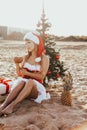 New year 2018 Christmas tree Beach Resort Sea girl Royalty Free Stock Photo