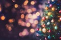 New Year, Christmas tree decorated with toys on a blurred bokeh background. Christmas mood