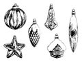 New Year Christmas tree glass toys set: ball, star, cone, bell, house, icicle isolated monochrome sketch digital vector art