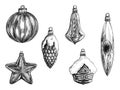 New Year Christmas tree glass toys set: ball, star, cone, bell, house, icicle isolated monochrome sketch digital vector art