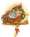 New Year Christmas tree and kitten illustration watercolor background