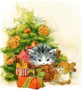 New Year Christmas tree and kitten watercolor background