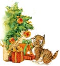 New Year Christmas tree and kitten watercolor background