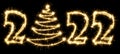 New Year 2022 with Christmas tree made by sparkler . Number 2022 and sign written sparkling sparklers . Isolated on a black Royalty Free Stock Photo