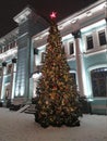 New Year Christmas tree in Moscow street by winter night. Russia