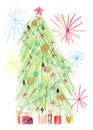 New Year, Christmas tree pencil drawing, decorated for holiday, with gifts and fireworks