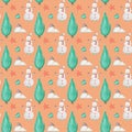 New Year Christmas tree and Snowman watercolor Seamless pattern on orange background. Hand drawn vintage card, fabric