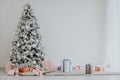 New year Christmas tree holiday gifts white interior winter decor Royalty Free Stock Photo