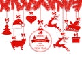 New Year Christmas. Various decorations hanging on fir branches, Santa Claus hat, deer, heart, gift, Pig and Christmas Royalty Free Stock Photo