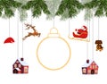 New Year Christmas. Various toys hanging on spruce branches, Santa on sleigh, Santa hat, deer, houses, dog. Place for