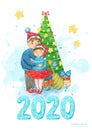 2020 New Year, Christmas vertical poster with cosy, cute watercolor illustration of a traditional merry hugging couple under the C