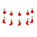 New Year, Christmas, winter element, red mittens and socks on clothesline with clothespin illustration Royalty Free Stock Photo