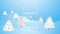 New year and Christmas winter forest cartoon landscape vector illustration. Christmas woods with white snow pines, balls Royalty Free Stock Photo