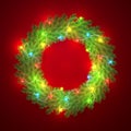 New year and Christmas Wreath. Pine branches decorated with light garland. Vector illustration Royalty Free Stock Photo