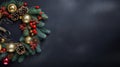 New year and christmas wreaths and gifts on black textured background, unique multicolored silk shakrfs, free space for design Royalty Free Stock Photo