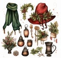 New Year clipart, fir trees, branches, plants, hat, shoes, lanterns