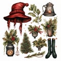 New Year clipart, fir trees, branches, plants, hat, shoes, lanterns