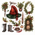 New Year clipart, fir trees, branches, plants, hat, shoes