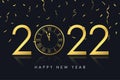 2022 New Year card with gold clock  and golden confetti. Merry Christmas and New Year illustration for holiday card, poster Royalty Free Stock Photo