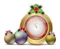 New year clock with Christmas trees and mistletoe toys with red bows