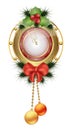 New year clock with Christmas trees and mistletoe toys with red bows Royalty Free Stock Photo