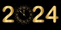 New Year 2024. Clock hand shows about 12 o\'clock. Gold shiny clock. Vector illustration. EPS 10 Royalty Free Stock Photo